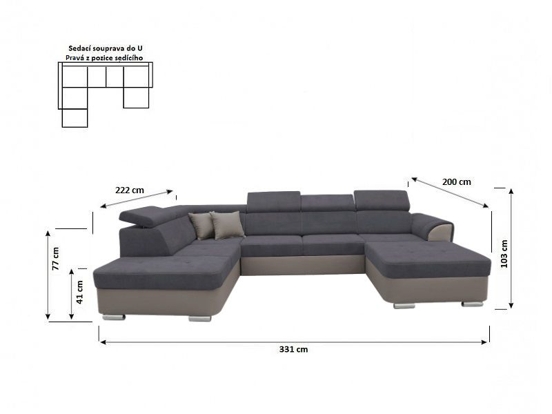 MALIBU (MALMO) - U- Levá  sedací souprava- látka tmavě šedá sedák,opěrák, záhlavníky Soro 97/ korpus Mura 91 (FI) - kolekce 