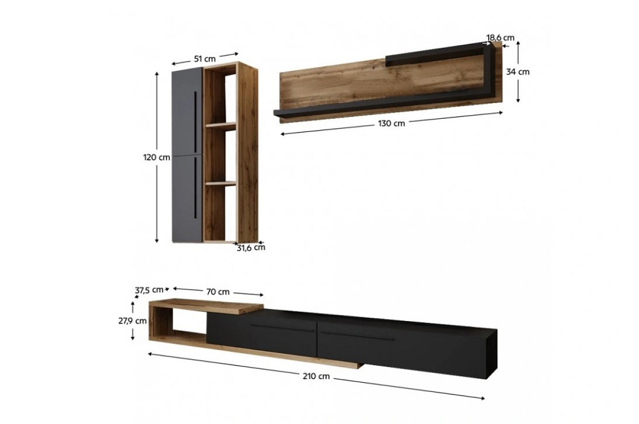 obývací stěna KLEER - dub tacho / antracit 1 - 2